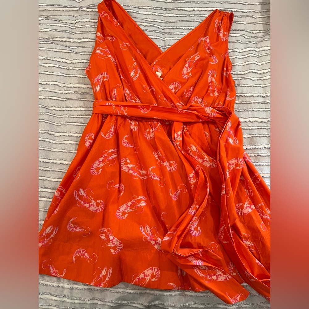 Anthropologie Orange Wrap Dress with Pink Lobster Print